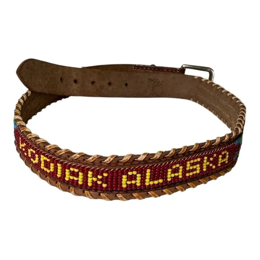 Vintage Kodiak Alaska Beaded Native American Leather Brown Belt Men’s 28